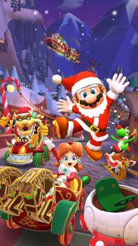 1boy 2boys alternate_costume blue_eyes bowser brown_hair candy candy_cane christmas christmas_lights christmas_tree dinosaur earrings facial_hair flower_earrings food gloves happy hat highres horns jewelry looking_at_viewer mario mario_(series) mario_kart mario_kart_tour mountain multiple_boys mustache night night_sky official_art open_mouth princess_daisy santa_costume santa_hat sky snow yoshi