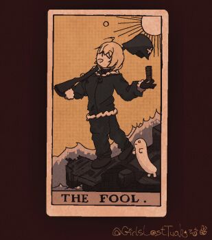 1girl 1other absurdres ahoge black_coat black_pants blonde_hair coat dice fur-trimmed_coat fur_trim girlslasttuah gun helmet highres holding holding_dice holding_weapon long_sleeves nuko_(shoujo_shuumatsu_ryokou) open_mouth pants rifle short_hair shoujo_shuumatsu_ryokou sun tarot the_fool_(tarot) twitter_username waves weapon yuuri_(shoujo_shuumatsu_ryokou)