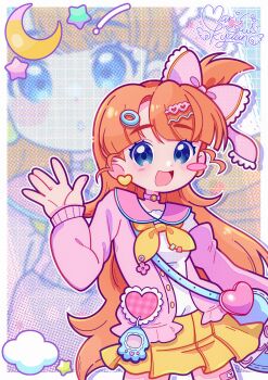 ! 1girl :d absurdres alternate_costume artist_name artist_self-insert bag bandaid bandaid_on_thigh blue_bag blue_eyes blunt_bangs blush blush_stickers border bow breasts buttons character_background choker cloud commentary cowboy_shot crescent dot_nose earrings english_commentary fingernails frilled_bow frills grid_background hair_bow hair_ornament hairclip halftone halftone_background hand_up happy heart heart_earrings heart_hair_ornament heart_ornament highres indie_virtual_youtuber jacket jacket_partially_removed jewelry legs_apart long_hair long_sleeves looking_at_viewer marikyuunn marikyuunn_(vtuber) medium_breasts miniskirt multiple_hair_clips multiple_views neckerchief one_side_up open_clothes open_hand open_jacket open_mouth orange_hair outline outside_border patterned_background pink_bow pink_choker pink_sailor_collar pleated_skirt sailor_collar sailor_shirt shirt shoulder_bag signature skirt smile star_(symbol) thick_eyebrows very_long_hair virtual_pet_(toy) virtual_youtuber waving white_border white_outline white_shirt yellow_neckerchief yellow_skirt
