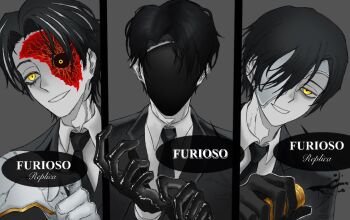 Rule 34 | 3boys, adjusting clothes, adjusting gloves, black gloves, black hair, black jacket, black mask, black necktie, burn scar, burnt, collared shirt, commentary, covered face, cracked mask, curtained hair, double-parted bangs, english commentary, eye mask, gloves, grey background, grin, hair between eyes, holding, holding mask, index (identity) (project moon), italian text, jacket, lapels, library of ruina, limbus company, long sleeves, male focus, mask, mask over one eye, masked, matching hairstyle, matching outfits, missing eye, multicolored hair, multiple boys, necktie, notched lapels, project moon, rien (project moon), roland (project moon), sansan375223, scar, shirt, short hair, smile, speech bubble, squirting liquid, streaked hair, suit jacket, unworn mask, upper body, white gloves, white shirt, white streaks, wing collar, yellow eyes, yi sang (project moon)