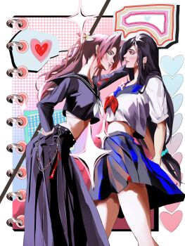 2girls aerith_gainsborough aerith_gainsborough_(midgard_seventh_high_school) arm_behind_back black_hair black_sailor_collar black_serafuku black_skirt blue_sailor_collar blue_scrunchie blue_skirt blush breasts brown_hair commentary cropped_shirt delinquent english_commentary feet_out_of_frame final_fantasy final_fantasy_vii final_fantasy_vii_ever_crisis flat_chest flower from_side green_eyes hair_flower hair_ornament hair_scrunchie hand_on_own_hip highres kabedon large_breasts leaning_forward lips long_hair long_skirt long_sleeves looking_at_another looking_at_viewer luuann_k midriff multiple_girls neckerchief official_alternate_costume parted_lips ponytail profile red_eyes red_neckerchief sailor_collar school_uniform scrunchie serafuku skirt sukeban tifa_lockhart tifa_lockhart_(midgard_seventh_high_school) wallet_chain white_neckerchief white_serafuku yuri