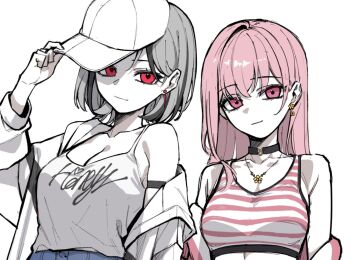 2girls adjusting_clothes adjusting_headwear baegsaeg_waesyong baseball_cap black_choker breasts camisole choker choppy_bangs cleavage closed_mouth commentary_request earrings flower_pendant grey_background grey_hair hat honey_churros indie_virtual_youtuber jacket jewelry key_earrings korean_commentary long_hair looking_at_viewer multicolored_hair multiple_girls necklace ohwayo open_clothes open_jacket pink_eyes pink_hair print_camisole project_[i] red_eyes short_hair simple_background single_off_shoulder sketch sports_bra straight_hair streaked_hair striped_sports_bra upper_body virtual_youtuber white_camisole white_hat white_jacket