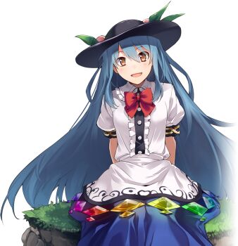 1girl apron artist_request black_hat blue_hair blue_skirt center_frills collared_shirt frilled_shirt_collar frills fruit_hat_ornament game_cg hat hat_ornament hinanawi_tenshi labyrinth_of_touhou_(series) labyrinth_of_touhou_2 leaf_hat_ornament long_hair official_art open_mouth peach_hat_ornament puffy_short_sleeves puffy_sleeves rainbow_order red_eyes shirt short_sleeves sitting skirt smile solo third-party_source touhou transparent_background very_long_hair waist_apron white_apron white_shirt