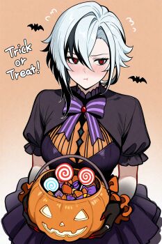 1girl arlecchino_(genshin_impact) blush candy cowboy_shot english_text food genshin_impact halloween halloween_bucket halloween_costume highres jack-o&#039;-lantern multicolored_hair pout pumpkin red_pupils solo streaked_hair symbol-shaped_pupils trick_or_treat white_hair x-shaped_pupils