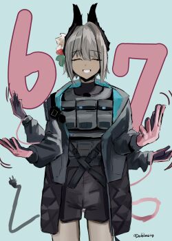 1girl 67_(meme) absurdres ammunition_belt arknights axledrawing bird_girl black_jacket black_shorts blue_background commentary cowboy_shot dark-skinned_female dark_skin electric_plug electric_plug_tail english_commentary extra_arms facing_viewer gloves grey_hair grin highres jacket load_bearing_vest mechanical_arms mechanical_tail meme open_clothes open_jacket pink_gloves raidian_(arknights) rhodes_island_uniform short_hair shorts simple_background smile solo tail twitter_username two-sided_gloves