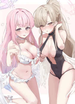 2girls angel_wings bikini blue_archive blush breasts brown_hair cleavage coa_(35_seno) collarbone covered_navel earrings embarrassed feathered_wings frilled_bikini frills hand_on_own_chest highres hoop_earrings jewelry large_breasts looking_at_viewer low_wings mika_(blue_archive) mika_(swimsuit)_(blue_archive) multiple_girls nagisa_(blue_archive) nagisa_(swimsuit)_(blue_archive) navel official_alternate_costume official_alternate_hairstyle one-piece_swimsuit open_mouth pink_hair ponytail simple_background stomach swimsuit white_background white_bikini white_wings wings yellow_eyes