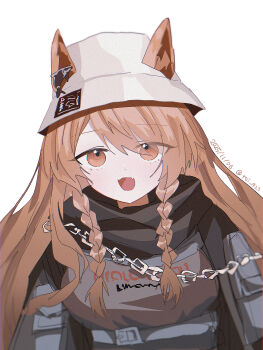 Rule 34 | 1girl, arknights, braid, breasts, brown eyes, brown hair, brown shirt, ceobe (arknights), chain, commentary, dated, ears through headwear, english commentary, eyes visible through hair, grey hat, hair over one eye, hat, highres, long hair, medium breasts, roi 423, shirt, simple background, solo, twin braids, twitter username, upper body, white background