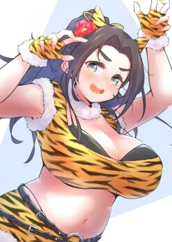 1girl animal_ears animal_print belt black_bra black_hair blush bra breasts claw_pose cleavage crop_top ebihara_naho fake_animal_ears fang fingerless_gloves flower flower_on_head fur-trimmed_gloves fur_collar fur_trim gloves green_eyes highres idolmaster idolmaster_cinderella_girls large_breasts long_hair midriff multiple_belts navel o-ring open_mouth ponytail skin_fang skirt solo standing tiger_ears tiger_print tiger_print_gloves tiger_print_shirt tiger_print_skirt underwear wakusei81 whale_tail_(clothing)