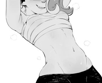 1girl armpits arms_up black_pants blush breasts collarbone commentary_request eyes_out_of_frame fang greyscale head_out_of_frame highres hip_bones linea_alba long_hair medium_breasts monochrome navel nintendo obsydian0x octoling open_mouth pants pointy_ears sarashi shiver_(deep_cut_outfit)_(splatoon) shiver_(splatoon) simple_background solo splatoon_(series) splatoon_3 steaming_body stomach tentacle_hair tight_clothes tight_pants upper_body white_background