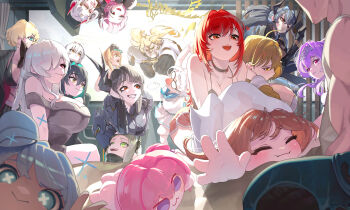 1boy 6+girls 95hoody :> :3 ahoge anis_(nikke) aqua_hair bahamut_(nikke) behemoth_(nikke) black_bra black_choker black_gloves black_horns black_liquid blonde_hair bra breasts brown_hair choker cinderella_(beautiful_me)_(nikke) cinderella_(nikke) cleavage closed_eyes closed_mouth collarbone colored_inner_hair commander_(nikke) commentary counters_(nikke) dongtan_dress doro_(nikke) drake_(nikke) dress english_commentary four_beasts_(nikke) fourth_wall glasses gloves goddess_of_victory:_nikke grave_(beautiful_you)_(nikke) grave_(nikke) green_eyes grey_dress grey_hair heretics_(nikke) highres horns laplace_(nikke) large_breasts leviathan_(nikke) liberalio_(nikke) liquid_clothes little_mermaid_(beautiful_bubble)_(nikke) little_mermaid_(nikke) long_hair matis_(nikke) maxwell_(nikke) mori_(nikke) multicolored_hair multiple_girls muscular muscular_male neon_(nikke) official_alternate_costume official_alternate_hairstyle old_tales_(nikke) only_one_(nikke) open_mouth out_of_frame pinocchio_(nikke) purple_eyes rapi_(nikke) rapi_(red_hood)_(cherished_red)_(nikke) rapi_(red_hood)_(nikke) red_eyes smile symbol-shaped_pupils underwear x_x yellow_eyes ziz_(nikke)