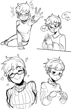 1girl blush breasts can closed_eyes closed_mouth commentary drink drink_can ear_piercing english_commentary english_text glasses greyscale head_tilt heart highres holding holding_can holding_drink index_fingers_together long_sleeves mir_(miryumiya) monochrome multiple_views o3o open_mouth original paints piercing reaching reaching_towards_viewer rebecca_joy_(miryumiya) semi-rimless_eyewear shirt short_hair simple_background sketch smile soda_can speech_bubble split_mouth sweater undercut v-shaped_eyebrows very_short_hair white_background