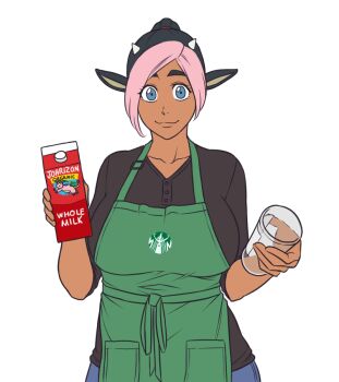 1girl animal_ears apron black_hair black_shirt blue_eyes breasts closed_mouth commentary cow_ears cow_girl cowboy_shot cup dark-skinned_female dark_skin drink_carton employee_uniform english_commentary fast_food_uniform gen_2_pokemon green_apron holding holding_cup holding_milk_carton iced_latte_with_breast_milk_(meme) kirby_otaku large_breasts looking_at_viewer meme milk_carton miltank multicolored_hair nintendo personification pink_hair pokemon shirt simple_background smile solo starbucks transparent_background two-tone_hair