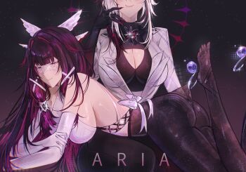 2girls a_r_i_a absurdres alternate_breast_size_(larger) arlecchino_(genshin_impact) artist_name ass black_hair black_pants black_pantyhose breasts cleavage closed_eyes coat columbina_(genshin_impact) commentary crop_top elbow_gloves eye_mask eyes_out_of_frame genshin_impact gloves hair_wings head_out_of_frame highres lace_pantyhose_hooked_on_heel_(meme) large_breasts mask meme multicolored_hair multiple_girls on_lap pants pantyhose purple_hair shirt short_hair smile toes two-tone_hair white_coat white_gloves white_hair white_shirt yuri