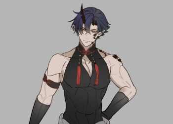 Rule 34 | 1boy, abs, ark1478, arknights, bara, bare shoulders, black shirt, blue hair, closed mouth, commentary request, demon boy, demon horns, flamebringer (arknights), flamebringer (casual vacation) (arknights), gloves, grey background, hair between eyes, hand on own hip, highres, horns, looking at viewer, male focus, material growth, muscular, muscular male, orange eyes, oripathy lesion (arknights), pectoral cleavage, pectorals, pointy ears, shirt, short hair, simple background, single horn, sleeveless, sleeveless shirt, solo, toned, toned male, upper body