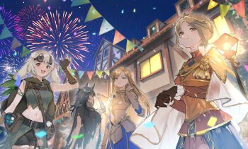 Rule 34 | 4girls, absurdres, aiguillette, animal ears, armor, bandaged arm, bandages, belt, black belt, black hair, blonde hair, braid, braided bun, brown gloves, bunting, cape, cloak, cocoa (sword of convallaria), commentary request, crop top, cuirass, fingerless gloves, fireworks, gauntlets, gloria (sword of convallaria), gloves, goggles, goggles on head, gradient hair, green eyes, green shirt, grey hair, hair bun, hand up, highres, inanna (sword of convallaria), juliet sleeves, lamppost, light smile, lock, long hair, long sleeves, lop rabbit ears, momo (sword of convallaria), multicolored hair, multiple girls, open mouth, outdoors, padlock, padlocked collar, pauldrons, potion, profile, puffy sleeves, rabbit ears, rabbit girl, shiomi (lowrise), shirt, shoulder armor, single pauldron, sword of convallaria, torn cloak, torn clothes, white hair