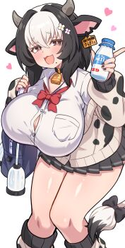 1girl animal_ears animal_print bell black_hair black_nails blush bottle bow bowtie breast_pump breasts bright_pupils brown_eyes button_gap cardigan cow_ears cow_girl cow_horns cow_print cow_print_jacket cow_tail cowbell ear_tag gyaru heart highres holding holding_bottle horns huge_breasts kogal leg_warmers milk_bottle milking_machine miniskirt mole mole_under_mouth multicolored_hair open_cardigan open_clothes open_mouth original print_jacket red_bow red_bowtie shirt simple_background skirt smile solo tail tail_bow tail_ornament thighs two-tone_hair ug_(nekonekodou) white_background white_hair white_pupils white_shirt
