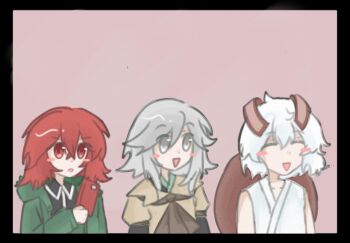 3others ^_^ androgynous ascot bare_shoulders black_border black_kimono black_shirt blush_stickers border brown_ascot brown_coat celeritas_lumen cellphone chinese_commentary closed_eyes coat collared_coat collared_shirt commentary_request compass_(xinjinjumin6687443) determined dot_nose green_jacket grey_eyes grey_hair hair_between_eyes happy holding holding_phone hood hood_down hooded_jacket houlen_yabusame jacket japanese_clothes kimono lapels layered_sleeves len'en long_hair_between_eyes long_sleeves medium_hair multiple_others notched_lapels ofuda ofuda_on_head open_clothes open_jacket open_mouth other_focus phone pink_background puffy_short_sleeves puffy_sleeves red_eyes red_hair shell shirt shitodo_hooaka short_hair short_over_long_sleeves short_sleeves sidelocks simple_background sleeveless sleeveless_kimono sleeves_past_wrists smartphone smile upper_body white_hair white_kimono zipper