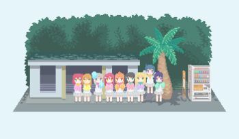 Rule 34 | absurdres, ahoge, arm up, bare legs, black hair, blonde hair, blue eyes, blue hair, brown eyes, brown hair, chibi, commentary request, everyone, facing viewer, green eyes, green necktie, grey hair, hair ornament, highres, kunikida hanamaru, kurosawa dia, kurosawa ruby, legs, long hair, love live!, love live! sunshine!!, matsuura kanan, multiple girls, neckerchief, necktie, ohara mari, orange hair, outdoors, palm tree, pixel art, pom pom (cheerleading), ponytail, purple eyes, purple hair, red eyes, red hair, red neckerchief, red necktie, sakurauchi riko, school uniform, shadow, short hair, side ponytail, sign, takami chika, thighs, tree, tsushima yoshiko, twintails, uranohoshi school uniform, user fnhx7357, vending machine, watanabe you, yellow eyes, yellow necktie