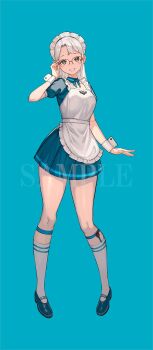 1girl apron blue_shoes blurry blurry_background full_body glasses goddess_of_victory:_nikke green_eyes hand_up highres knee_strap kneehighs lack looking_at_viewer neon_(nikke) official_art sample_watermark shirt shoes short_sleeves simple_background skirt smile socks standing watermark white_apron white_headdress white_socks white_wrist_cuffs wrist_cuffs