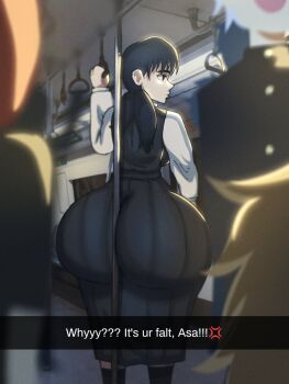 1girl anger_vein ass black_hair chainsaw_man highres huge_ass looking_to_the_side medium_hair mitaka_asa standing theodyss_(xothdys) train wedgie