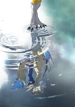 1girl absurdres body_fur commentary_request digimon digimon_(creature) digimon_tamers evolution furry furry_female highres reflection renamon ripples solo standing standing_on_liquid takatomon_(rebelki01101507) torn_skin wireframe yellow_fur