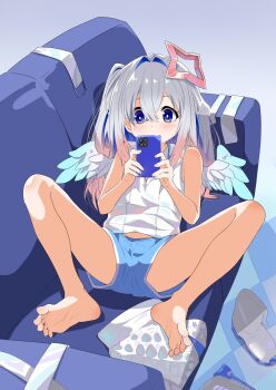 Rule 34 | 1girl, amane kanata, angel wings, barefoot, blue eyes, blue hair, blue shorts, boots, cellphone, colored inner hair, commentary request, couch, dot nose, feathered wings, feet, full body, gradient hair, grey hair, hair intakes, halo, highres, holding, holding phone, hololive, light blush, long hair, lying, multicolored hair, on back, on couch, phone, pink hair, shirt, short shorts, shorts, sidelocks, sleeveless, sleeveless shirt, smartphone, solo, spread legs, star halo, toes, two side up, virtual youtuber, white boots, white shirt, wings, yabu q