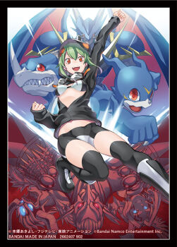 1girl :d arm_up armor barbamon bike_shorts bikini bikini_top_only black_bikini black_footwear black_jacket black_socks blue_armor blue_eyes boots breasts claws cleavage clenched_hands demon_(digimon) digimon digimon_(creature) digimon_card_game digimon_world_re:digitize evil_grin evil_smile glowing glowing_eyes goggles goggles_around_neck green_hair grin hair_between_eyes hair_ornament hood hood_up hooded_jacket horns jacket knee_boots long_sleeves looking_at_viewer lucemon_falldown_mode medium_breasts multicolored_bikini navel official_art open_mouth orange_eyes over-kneehighs partially_unzipped red_eyes sharp_teeth shinomiya_rina short_hair short_hair_with_long_locks shoulder_armor sidelocks skindentation smile socks solo_focus stomach swimsuit teeth thighhighs tonami_kanji two-tone_bikini ulforcev-dramon upper_teeth_only v-dramon v-mon white_bikini x_hair_ornament