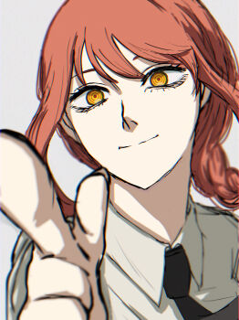 1girl absurdres black_necktie braid braided_ponytail chainsaw_man closed_mouth collared_shirt commentary_request grey_background highres long_hair makima_(chainsaw_man) necktie pointing red_hair ringed_eyes shirt sidelocks solo user_traa3358 white_shirt yellow_eyes