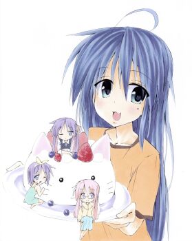 4girls :3 animal-themed_food blue_eyes blue_hair blue_skirt blueberry cake cat chibi dress dress_shirt food bad_tag fruit glasses green_dress green_eyes highres hiiragi_kagami hiiragi_tsukasa holding holding_plate izumi_konata long_hair lucky_star multiple_girls nyamou one_eye_closed orange_shirt pink_hair plate purple_eyes purple_hair raspberry seiza shiki_59 shirt siblings sisters sitting skirt smile strawberry takara_miyuki tsurime twins twintails white_background white_cat