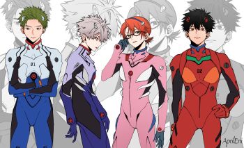 4boys adjusting_eyewear aprilerii artist_name black_hair blue_bodysuit bodysuit brown_eyes closed_mouth commentary cosplay cross_scar crossdressing crossdressing_(mtf) crossed_arms glasses green_eyes green_hair grey_hair hand_on_own_hip highres ikari_shinji interface_headset_(evangelion) kanzaki_kaoru korekishi_eugene looking_at_viewer makinami_mari_illustrious makinami_mari_illustrious_(cosplay) male_focus mecha_pilot_suit multiple_boys nagisa_kaworu nagisa_kaworu_(cosplay) neon_genesis_evangelion orange_hair phantom_busters pink_bodysuit plugsuit_(evangelion) red_bodysuit red_eyes scar scar_across_eye scar_on_face shishikuno_mogari short_hair simple_background souryuu_asuka_langley souryuu_asuka_langley_(cosplay) tamon_kotarou white_background zoom_layer