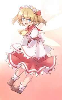 Rule 34 | 1girl, :d, ascot, blonde hair, blue eyes, blush, brown shoes, collar, commentary request, dress, fairy, fairy wings, fang, frilled dress, frills, full body, hair ribbon, headdress, medium hair, one-hour drawing challenge, open mouth, orange background, pointy ears, rangycrow, red collar, red ribbon, red sash, red skirt, ribbon, sash, shoes, skirt, smile, socks, solo, sun print, sunny milk, touhou, twintails, white dress, white socks, wings, yellow ascot