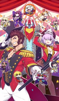 5boys 6+girls abigail_williams_(fate) abigail_williams_(welcome_to_the_traveling_circus!)_(fate) ahoge analog_clock animal_ear_fluff animal_ears apple apple_on_head bandaid bandaid_on_face bandaid_on_forehead bare_legs black_bow black_bowtie black_hair black_hat black_jacket black_leotard black_pantyhose black_shirt black_shoes black_skirt black_vest blue_eyes blue_shirt blue_shorts bow bowtie bracelet breasts brown_facial_hair brown_pants buttons cape chair chan_co chibi circus cleavage clock collar colored_skin commentary_request confetti creature creature_on_head crossed_legs dark-skinned_female dark_skin detached_sleeves epaulettes facial_hair fate/grand_order fate_(series) feather_hair fire fishnet_pantyhose fishnets food fou_(fate) fruit furry furry_male gilgamesh gilgamesh_(caster)_(fate) gilgamesh_(establishment)_(fate) gilgamesh_(fate) glasses gloves goatee gold_bracelet green_eyes hair_between_eyes hair_bow hair_over_one_eye happy hat hildr_(fate) hildr_(welcome_to_the_traveling_circus!)_(fate) holding holding_baton holding_knife holding_unworn_clothes holding_unworn_hat hood hood_up hoop hula_hoop ivan_the_terrible_(fate) jacket jewelry juggling knife lapels leg_up leggings leotard lion long_hair long_sideburns long_sleeves looking_at_viewer mash_kyrielight mash_kyrielight_(welcome_to_the_traveling_circus!) medium_breasts mephistopheles_(fate) multiple_boys multiple_girls napoleon_bonaparte_(fate) napoleon_bonaparte_(welcome_to_the_traveling_circus!)_(fate) navel official_art on_unicycle one_eye_closed open_mouth orange_bow ortlinde_(fate) ortlinde_(welcome_to_the_traveling_circus!)_(fate) pants pantyhose parted_lips pectoral_cleavage pectorals pink_hair ponytail purple_bow purple_cape purple_collar purple_eyes purple_hair purple_leggings purple_leotard purple_sleeves queen_of_sheba_(fate) queen_of_sheba_(welcome_to_the_traveling_circus!)_(fate) red_bow red_bowtie red_eyes red_hat red_jacket red_shirt red_shoes red_vest riding riding_animal ringed_eyes scathach_(fate) scathach_skadi_(fate) scathach_skadi_(welcome_to_the_traveling_circus!)_(fate) sharp_teeth shirt shoes short_hair shorts showgirl_skirt sideburns sidelocks sitting skirt sleeve_cuffs smile sparkle standing star_(symbol) sweat tailcoat teeth third-party_source thomas_edison_(fate) thrud_(fate) thrud_(welcome_to_the_traveling_circus!)_(fate) tick_tock_bomb top_hat trapeze twintails unicycle unworn_hat unworn_headwear v-shaped_eyebrows valkyrie_(fate) vest white_gloves white_hood white_leotard white_pants white_skin white_skirt