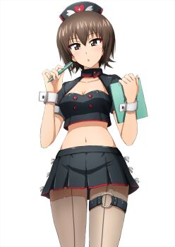 1girl blush breasts brown_eyes brown_hair cleavage collarbone girls_und_panzer hat highres holding holding_pen large_breasts looking_at_viewer miniskirt navel nishizumi_maho nurse_cap omachi_(slabco) open_mouth pantyhose pen short_hair simple_background skirt solo white_background