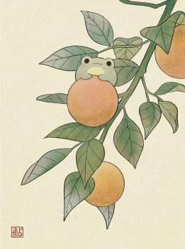 :3 animal_focus artist_logo ayu_(mog) closed_mouth commentary english_commentary food frog fruit highres leaf logo no_humans orange_(fruit) original simple_background solid_circle_eyes yellow_background