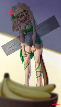 1girl anger_vein animal_ears artist_name banana bananajuju blonde_hair blurry blurry_foreground brown_eyes brown_tail depth_of_field dreadlocks duct_tape food fruit highres indie_virtual_youtuber kami_mitsugu_(kamiken) leaf_bra long_hair monkey_ears monkey_girl monkey_tail open_mouth plant_clothing solo tail virtual_youtuber