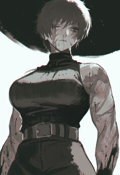 1girl bare_shoulders blood blood_on_arm blood_on_face breasts burn_scar commentary highres jujutsu_kaisen large_breasts multiple_scars muscular muscular_female nosebleed one_eye_closed scar scar_across_eye scar_on_arm scar_on_face short_hair sleeveless sleeveless_sweater solo sweater tomatoketchup96 turtleneck turtleneck_sweater zen'in_maki zen'in_maki_(post_shibuya)