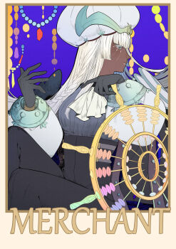 1girl ascot black_gloves black_pants blue_background border breasts brigitta_(metaphor:_refantazio) dark-skinned_female dark_skin eyelashes gloves grey_eyes hashtag-only_commentary high-waist_pants highres long_hair looking_to_the_side metaphor:_refantazio pants ship&#039;s_wheel sitting solo very_dark_skin white_ascot white_hair yellow_border you92