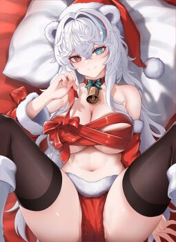 1girl absurdres animal_ears arknights bare_shoulders bear_ears bear_girl bell bikini breasts christmas cleavage condom condom_wrapper detached_sleeves fur_trim hat highres large_breasts looking_at_viewer lying m_legs mildt multicolored_hair neck_bell on_back ribbon_as_bra rosa_(arknights) santa_bikini santa_costume santa_hat smile spread_legs streaked_hair swimsuit thighhighs white_hair