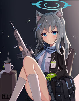 aaaaabk! animal_ear_fluff animal_ears assault_rifle bag black_jacket blazer blue_archive blue_eyes blue_necktie blue_scarf blush cross_hair_ornament cup feet_out_of_frame gloves green_gloves grey_hair gun hair_ornament halo highres id_card jacket kneehighs knees_up long_hair mug necktie open_clothes open_jacket plaid_clothes plaid_skirt pleated_skirt pocket rifle scarf school_bag school_uniform shiroko_(blue_archive) shirt sig_sauer sig_sauer_556 single_glove sitting skirt socks solo weapon white_shirt white_socks wolf_ears