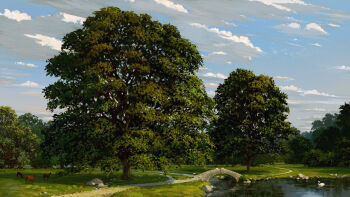 absurdres animal bird blue_sky bridge cloud commentary day deer english_commentary forest grazing_(livestock) highres krita_(medium) landscape nature no_humans original outdoors park path philipp_urlich pond reflection reflective_liquid road rock scenery sky sunlight swan tree water