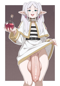 1girl :d belt black_belt blush bottle capelet clothes_lift commentary dress dress_lift earrings elf english_commentary feet_out_of_frame flaccid floating_earrings foreskin frieren futanari glooz_art green_eyes highres holding holding_bottle holding_potion huge_penis huge_testicles jewelry lifting_own_clothes long_hair long_sleeves looking_at_viewer open_mouth penis pointy_ears potion short_dress smile solo sousou_no_frieren teardrop_earrings testicles twintails uncensored white_capelet white_dress white_hair