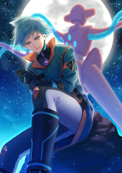 1boy adjusting_clothes adjusting_gloves aqua_coat aqua_eyes aqua_hair black_footwear black_gloves black_shirt boots closed_mouth coat commentary_request deoxys from_below gen_3_pokemon gloves highres looking_down male_focus moon mythical_pokemon night nintendo noshigi_(nosi_gi) official_alternate_costume outdoors pants pokemon pokemon_(creature) pokemon_masters_ex rock shirt sitting sky steven_stone steven_stone_(sygna_suit)