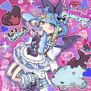 Rule 34 | 2girls, ahoge, anonymous (yu-gi-oh!), blue dress, blue hair, blue nails, bow, copyright logo, demon wings, detached sleeves, dress, duel monster, earrings, facial tattoo, full body, game cg, hair ornament, heart, heart hands, heart tattoo, jewelry, ki-sikil (yu-gi-oh!), lil-la (yu-gi-oh!), live twin ki-sikil, live twin lil-la, live twin lil-la sweet, logo, multicolored hair, multiple girls, official art, purple eyes, shark, shoes, short hair, tattoo, watermark, wings, yu-gi-oh!, yu-gi-oh! master duel