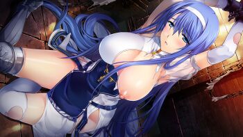 1girl alice_soft armor armored_boots arms_up bdsm blue_eyes blue_hair blush bondage boots bound bound_wrists breast_slip breasts chain chained choukou_(alicesoft) choukou_shinki_ixseal cuffs dress dutch_angle elbow_gloves ellis_xillia female_focus game_cg gloves greaves hairband indoors large_breasts large_variant_set long_hair looking_at_viewer nipples no_bra non-web_source official_art one_breast_out onigirikun open_mouth restrained see-through_clothes shackles short_sleeves sitting solo thigh_boots thighhighs torn_clothes torn_dress torn_thighhighs variant_set very_long_hair white_hairband white_thighhighs yokozuwari