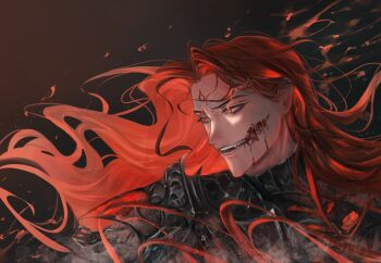 1boy ajsaart armor curtained_hair embers facial_mark flaming_eyes floating_hair forehead_mark glasgow_smile grin highres light_particles long_hair looking_to_the_side lord_of_the_mysteries male_focus medici_(lord_of_the_mysteries) red_eyes red_hair sharp_teeth shoulder_armor smile solo teeth upper_body very_long_hair