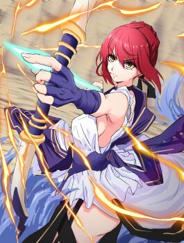 1girl absurdres aiming ancient_greek_clothes armpits ass bare_shoulders bow bow_(weapon) braid breasts commentary_request dress fate/strange_fake fate_(series) finger_to_mouth fingerless_gloves garter_straps gloves greco-roman_clothes hair_bun hair_ribbon highres hippolyta_(fate) holding holding_bow_(weapon) holding_weapon kalion_(fate) large_breasts looking_at_viewer medium_hair notonaon purple_bow purple_gloves red_hair ribbon sideboob solo weapon white_dress yellow_eyes