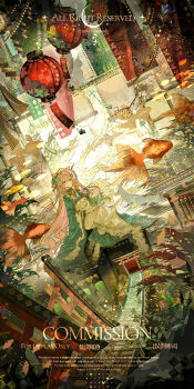 1girl absurdres animal animal_ears black_shoes blue_flower closed_mouth commission dress fish flower frills full_body green_eyes hair_between_eyes hair_flower hair_ornament hair_stick hand_fan headdress highres holding holding_fan japanese_clothes kimono layered_sleeves long_hair long_sleeves looking_at_viewer mihuashi_commission original pink_hair shoes sidelocks sitting smile socks solo watermark white_headdress white_socks wide_sleeves yan_zi_yao_yu