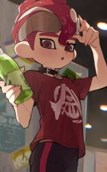 Rule 34 | 1boy, amakara000, black collar, bottle, collar, eyewear on head, highres, holding, holding bottle, indoors, male focus, mohawk, nintendo, octoling, octoling boy, octoling player character, open mouth, print shirt, red eyes, red hair, red shirt, shirt, short hair, solo, splatoon (series), splatoon 3, standing, sunglasses, tentacle hair, thick eyebrows