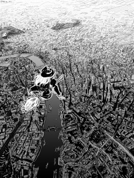 Rule 34 | 1girl, absurdres, artist name, boat, boots, bridge, broom, cityscape, flying, from above, greyscale, hat, high heel boots, high heels, highres, hill, long hair, monochrome, nhim, original, pond, river, road, scenery, sidesaddle, street, watercraft, witch, witch hat