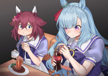 2girls absurdres animal_ears blue_eyes blue_hair bottle bow bowl bowtie braid breasts carrot cherry_blossoms chopsticks commentary_request commission crown_braid diet_coke_and_mentos_(meme) ear_covers flower food_in_mouth fukuro_(maruaru00) grey_background hair_between_eyes hair_flaps hair_flower hair_ornament hamburger_steak highres holding holding_bottle holding_bowl holding_chopsticks horse_ears horse_girl horseshoe_ornament large_breasts long_hair looking_at_another mejiro_ardan_(umamusume) meme mentos multiple_girls pixiv_commission plastic_bottle puffy_short_sleeves puffy_sleeves purple_bow purple_bowtie purple_eyes purple_hair purple_shirt sailor_collar sailor_shirt sakura_chiyono_o_(umamusume) school_uniform shirt short_sleeves simple_background tracen_school_uniform umamusume